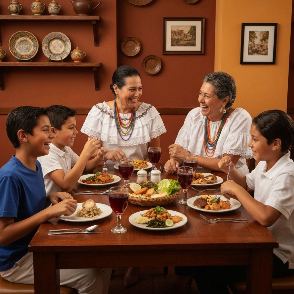 Familia disfrutando comida colombiana